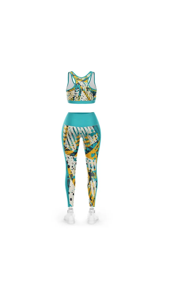 Custom Teal & Sunburst Botanical 3D Bra and Leggings Set | OEM