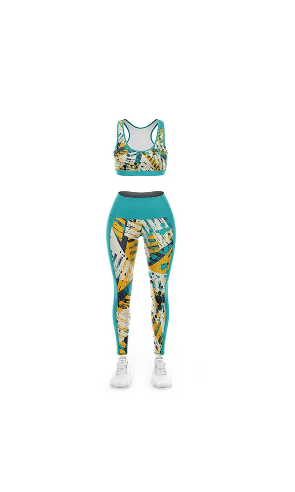 Custom Teal & Sunburst Botanical 3D Bra and Leggings Set | OEM