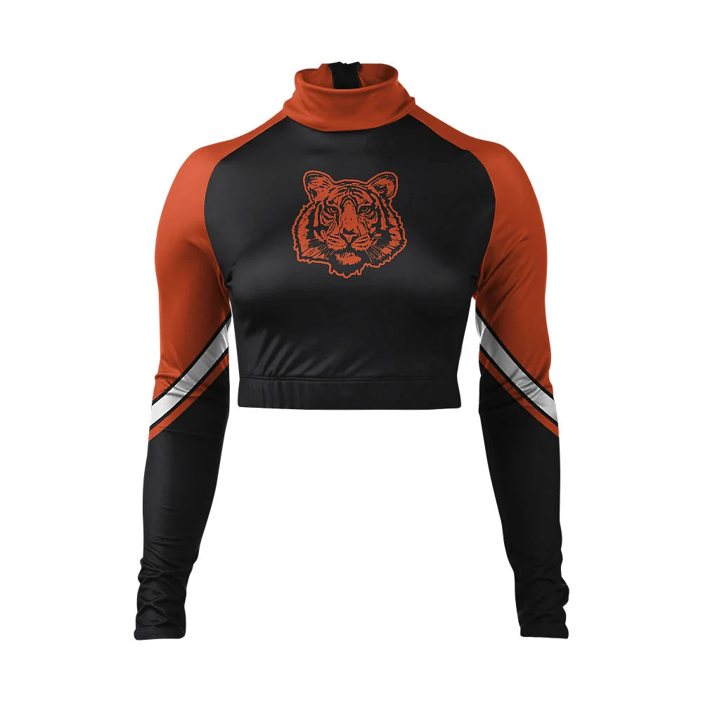 Custom Tiger Mascot Black & Orange Cheer Mock Neck Bodyliner | OEM