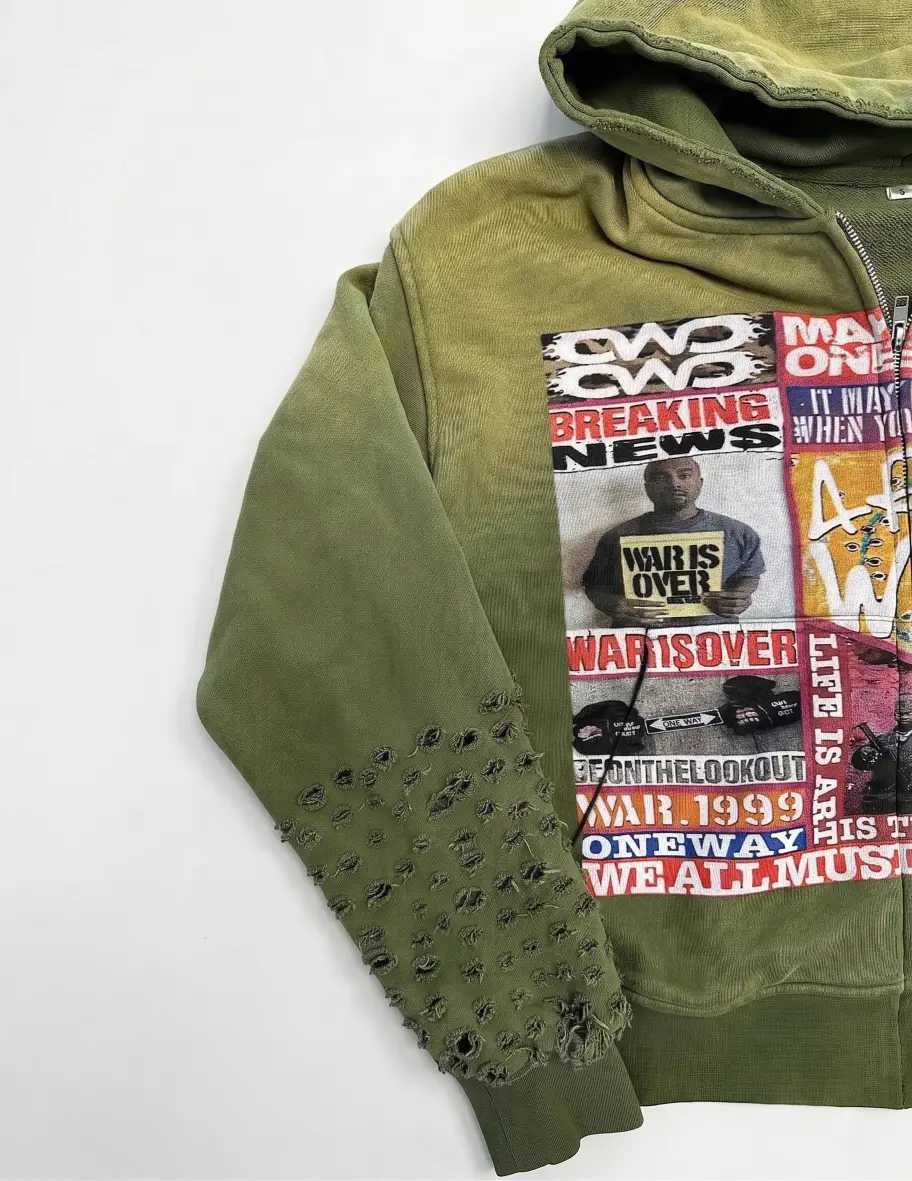 Custom Vintage Distressed Zip Hoodie | Slashed Sleeve Graphic Streetwear Hoodie