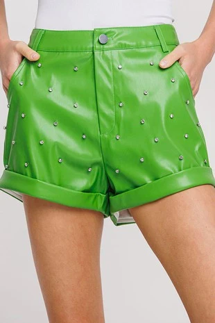 Custom Green Rhinestone Leather Shorts | Cuffed Hem OEM