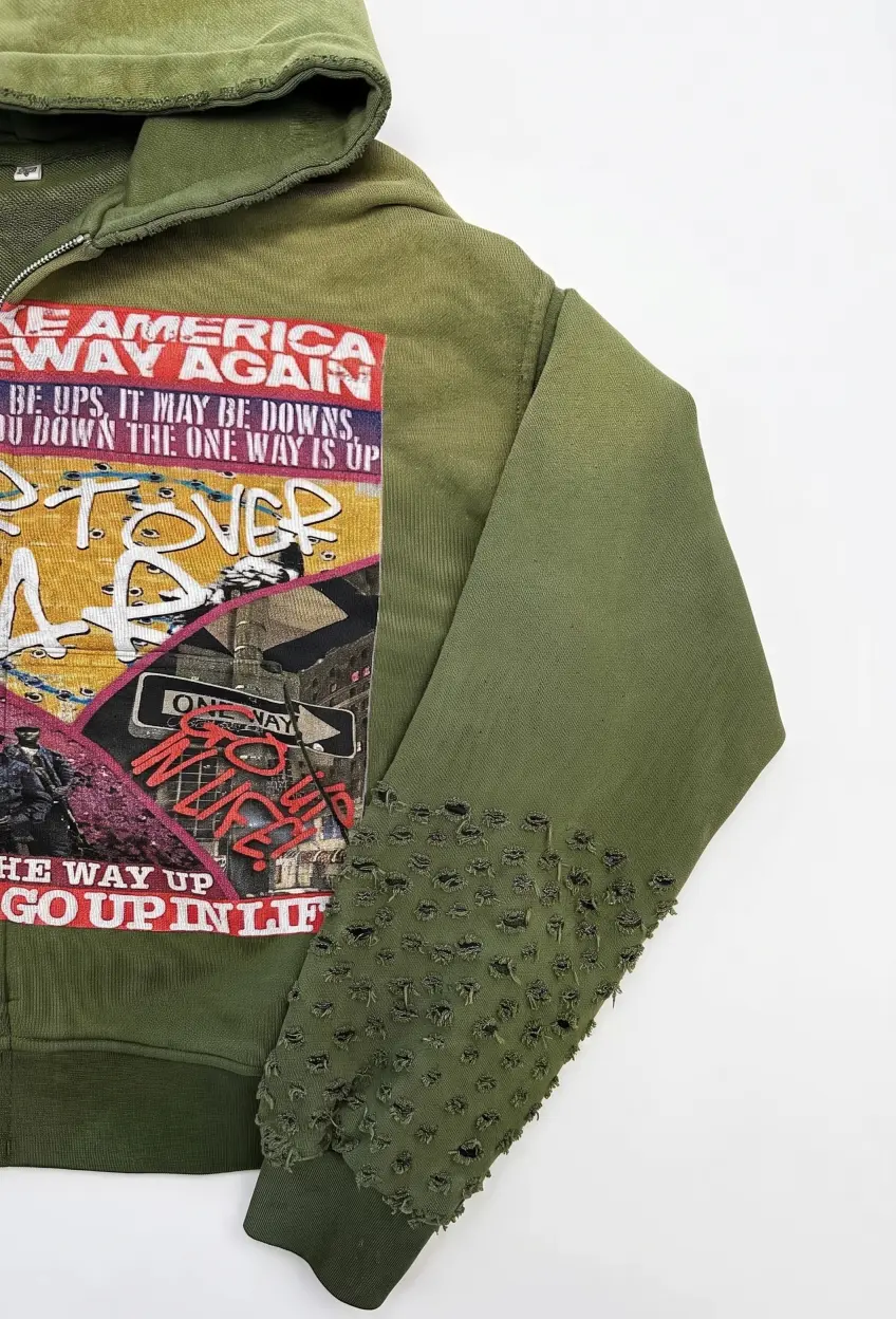 Custom Vintage Distressed Zip Hoodie | Slashed Sleeve Graphic Streetwear Hoodie
