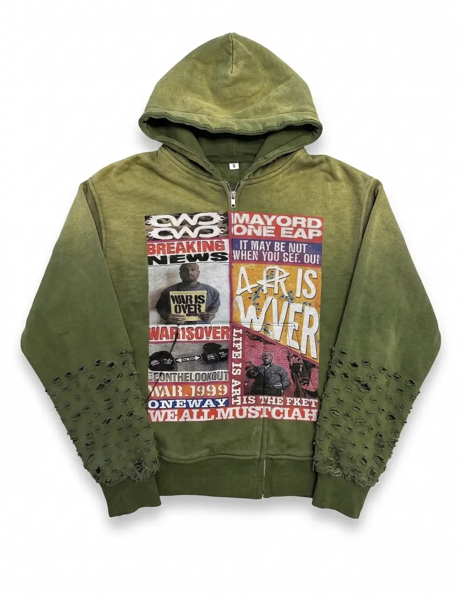 Custom Vintage Distressed Zip Hoodie | Slashed Sleeve Graphic Streetwear Hoodie